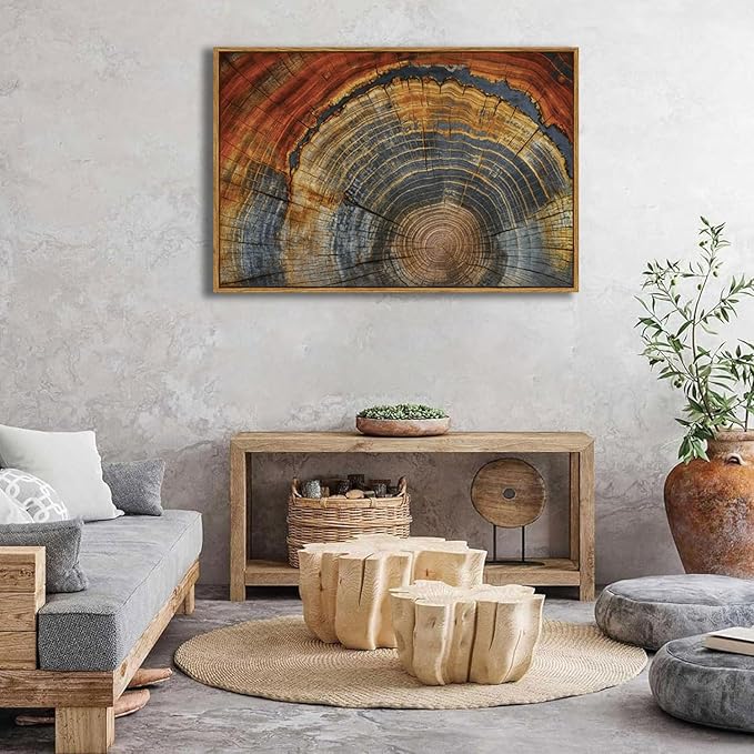 BingruiArt Large Framed Tree Ring Canvas Wall Art Red and Gold Abstract Wood Wall Decor Boho Modern Colorful Nature Prints Pictures for Living Room Bedroom Bathroom 24"x36" Natural Framed(03)