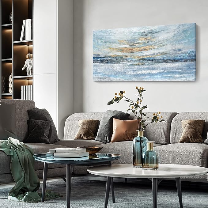 Abstract Wall Art for Living Room Large Framed Light Blue Canvas Print Coastal Theme Artwork Modern Ocean Skyline and Sunset & Sunrise in the Seaside Painting for Home Bedroom Décor 48x24inch