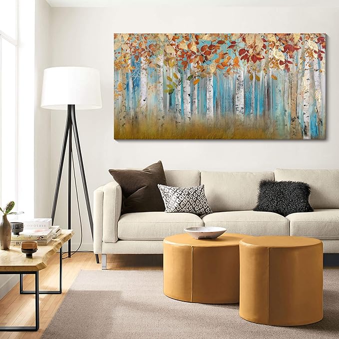 Birch Tree Canvas Wall Art Landscape Yellow Picture Wall Decor for Living Room Large Bedroom Wall Decor Above Bed Framed Artwork for Walls 24×48IN