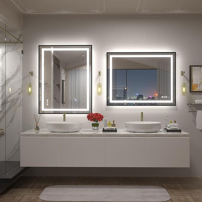 28x36 Framed LED Lighted Bathroom Mirror, Black Dimmable Vanity Mirror with Lights, Backlit and Front Lighted Mirror for Wall, Anti-Fog, Shatter-Proof, Memory (Horizontal/Vertical)