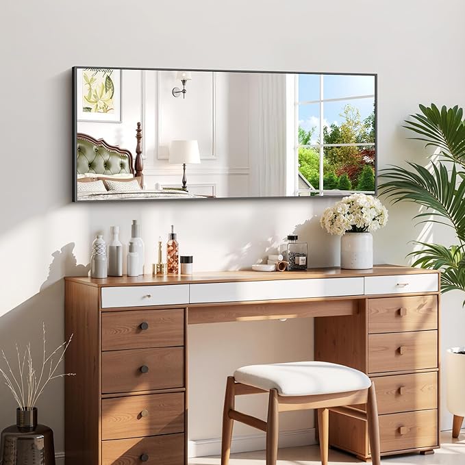 Black Bathroom Mirror for Wall, 20x48 Inch Rectangle with Metal Frame, Modern Vanity for Bathroom Living Room, Entryway Hangs Horizontal or Vertical