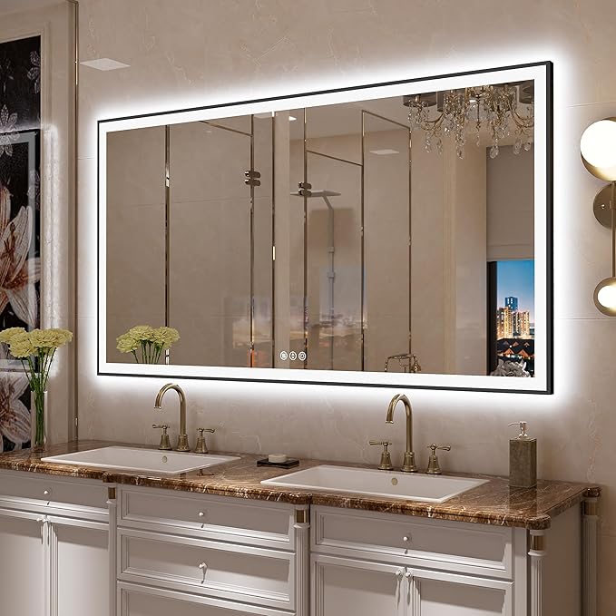 72"x40" Large LED Bathroom Mirror with Backlit and Front Lighted, Framed Dimmable Illuminated Mirror for Wall Anti-Fog Shatterproof (Horizontal/Vertical)