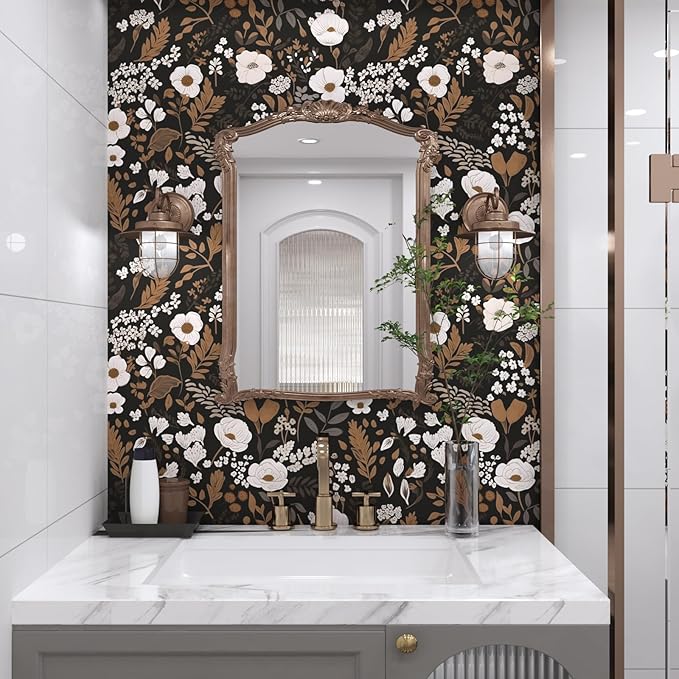 Brown Floral Peel and Stick Wallpaper Leaf Vintage Contact Paper Boho Flower Wall Paper Removable Wallpaper Self Adhesive for Cabinet Drawers Wall Decor 17.5''x118.1''