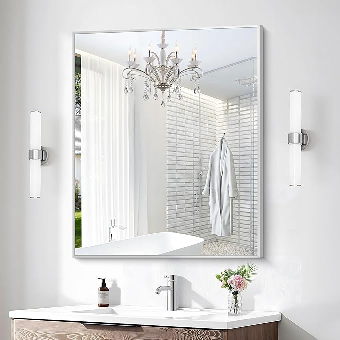BONEWEI Silver Bathroom Mirror,30x36 inch Wall Mirror for Bathroom Wall Mounted,Rectangle Mirror for Bathroom Over Sink,Modern Metal Frame for Living Room,Bedroom Entryway,Horizontal/Vertical