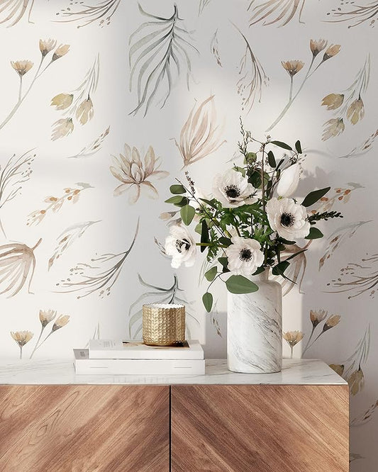 Modern Botanical Wallpaper | Removable Self Adhesive Watercolor Wallpaper | Neutral Floral Peel and Stick (1 roll 24" W x 60" H)