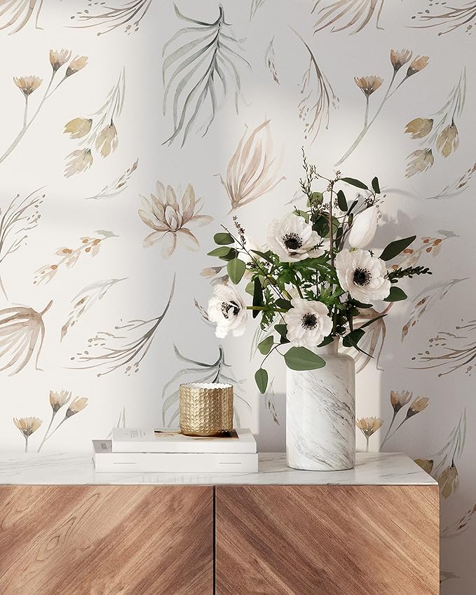 Modern Botanical Wallpaper | Removable Self Adhesive Watercolor Wallpaper | Neutral Floral Peel and Stick (1 roll 24" W x 120" H)