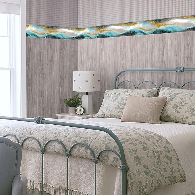 Blue Gold Marble Wallpaper Border 196x4 Inch Peel and Stick Wall Border Self Adhesive Luxury Water Wave Removable Vinyl Trim for Living Room Bedroom Bathroom Kitchen Cabinet Decoration