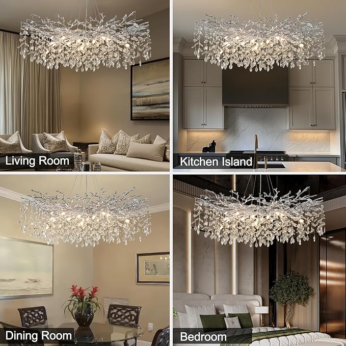 47" Silver Crystal Chandelier, 18-Light Modern Tree Branch Chandelier, Luxury Round K9 Crystal Raindrop Chandeliers for Dining Room, Living Room, Foyer, Entryway, Bedroom, Contemporary Light Fixture