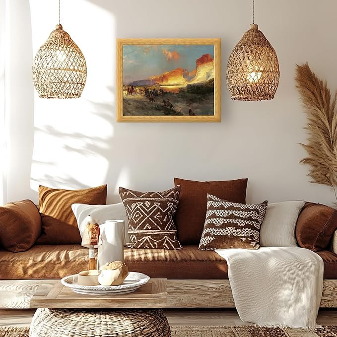 Brivoria Framed Canvas Wall Art Vintage Decor, Majestic Autumn Western Landscape with Horsemen, Red Cliffs and Fiery Sunset Sky for Living Room Bedroom Dining Room Fireplace or Gallery Display, 16x20