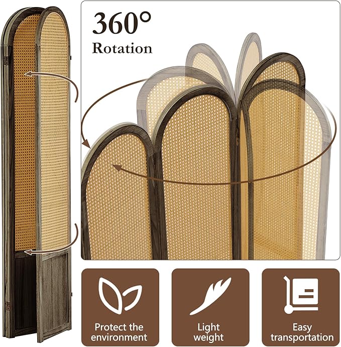 4 Panel Rattan Room Divier, Room Divider Panel and Folding Privacy Screens, Room Divider Wall, Solid Wood Frame, Partition Room Dividers, Bedroom, Dining Room, Lounge, Dark Brown