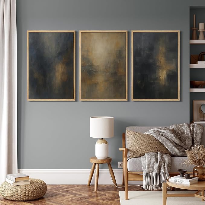 MUDECOR Framed Wall Art Print Set Dark Abstract Modern Contemporary in Navy Blue and Gold Brushstrokes Illustrations Modern Art Decorative for Living Room, Bedroom, Office - 24"x36"x3 Natural