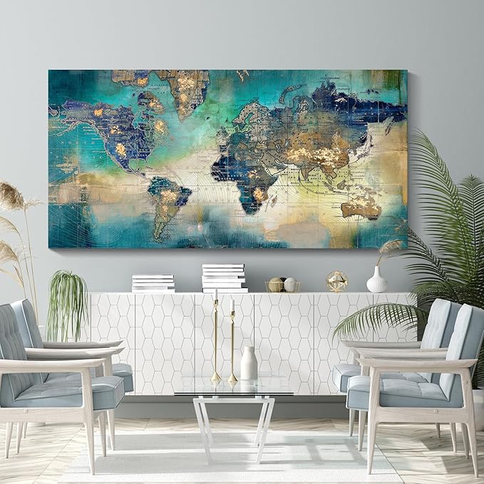 Large World Map Canvas Prints Wall Art for Living Room Office 30x60 Green World Map Picture Artwork Decor for Home Decoration