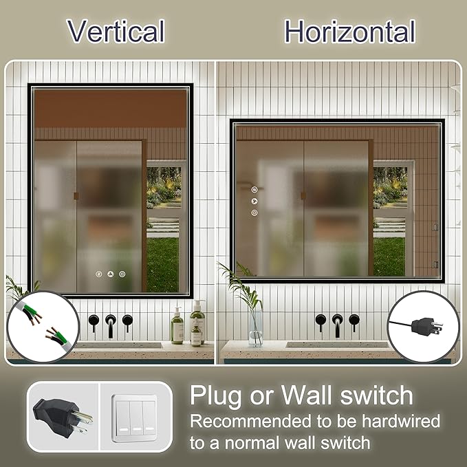 24x32 Inch LED Bathroom Mirror with Front & Back Lights, Adjustable 3000K/4500K/6000K, Wall Mounted Black Lighted Bathroom Vanity Mirrors, Dimmable, Memory, Anti-Fog, Horizontal/Vertical