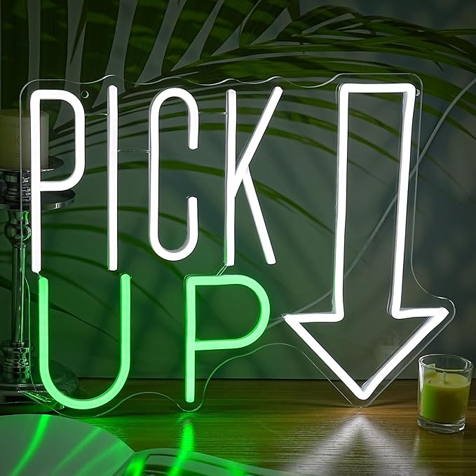 LISIGNVE Pick Up Neon Sign Adjustable Brightness Business Neon Light Wall Decor LED Pick Up Here Light Up Sign for Store Restaurant Bar Snack Coffee (16.5”*12.6”)