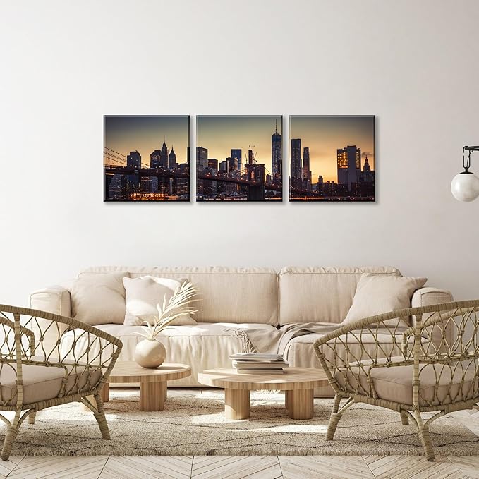NAN Wind 3PCS Modern Urban Skyline Wall Art NYC-Inspired Twilight Cityscape Framed Canvas Prints Art Contemporary Manhattan Bridge Golden Sunset Skyscraper Canvas Pictures for Home Office Decor