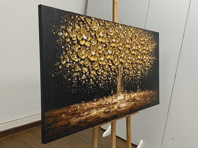 Art8YuQi Paintings - Contemporary Abstract Art Oil Painting On Canvas Texture 3D Golden Tree Gary Painting Handmade Artwork Picture Canvas Wall Art Modern Home Decor living room Ready to Hang