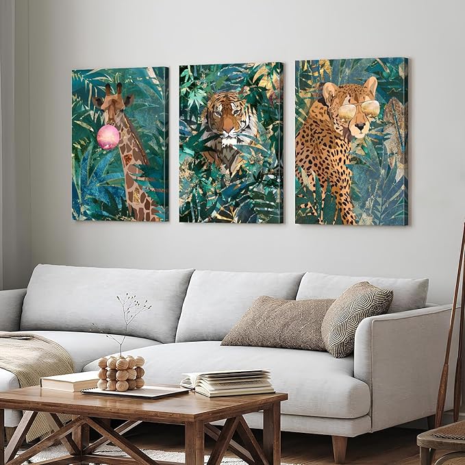 Large Boho Animal Canvas Wall Art Living Room Bedroom Wall Decor Tiger Leopard Giraffe Wildlife Paintings Vintage Green Leaves Plants Artwork Kitchen Turquoise Bohemia Home Decorations 24x36" 3 Pieces