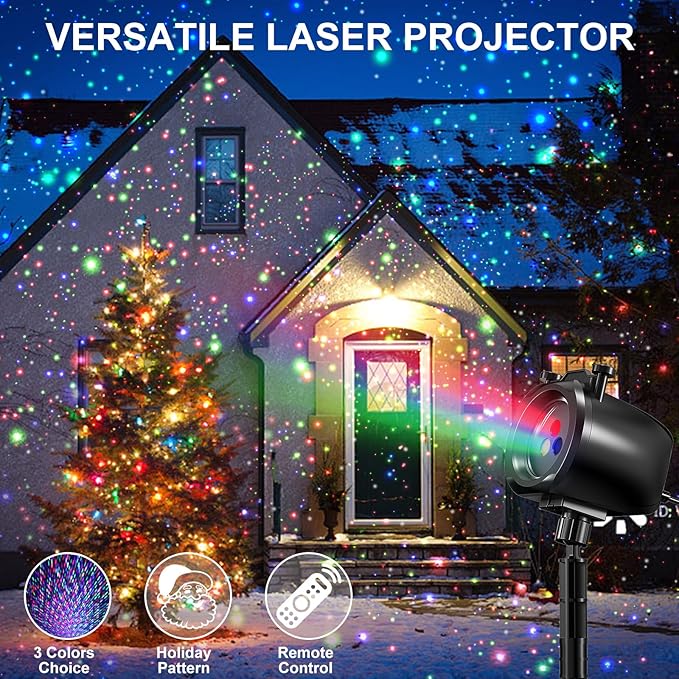 Christmas Laser Projector Light Outdoor, RGB 3 Colors Laser Lights with 24 Patterns, IP65 Waterproof Star Projector Firefly Moving Lights Show Decor for Garden Yard Christmas Halloween Holiday Party
