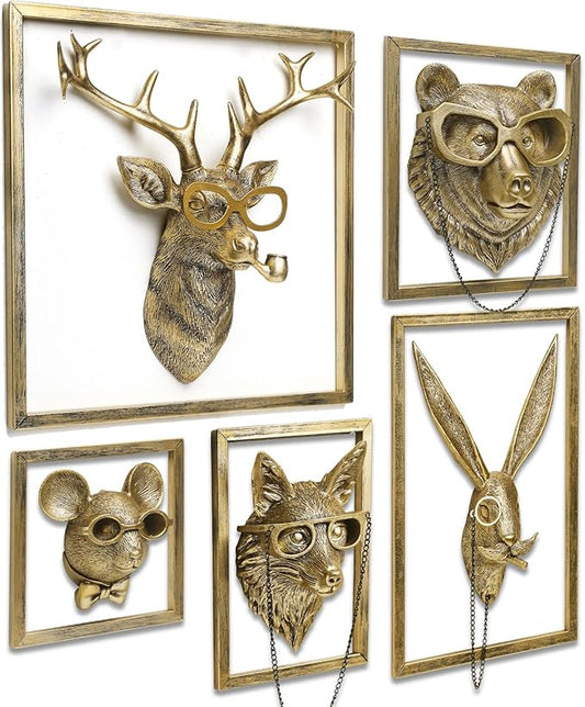 Newinhome 5 Pack Animal Heads Wall Decoration (Gift Metal Frame) Resin Animals Sculptures Head Wall Hanging Decor Gold vintage Wall Sculpture for Living Room Bedroom Office