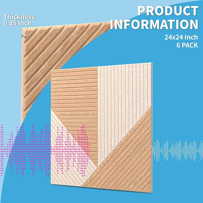 Art3d 6-Pack Self-Adhesive Acoustic Wall Panels for Home Décor, 24 x 24 Inch Soundproofing Panels for Office Studio Bedroom - High Noise Absorption Polyester Fiber, Dawn