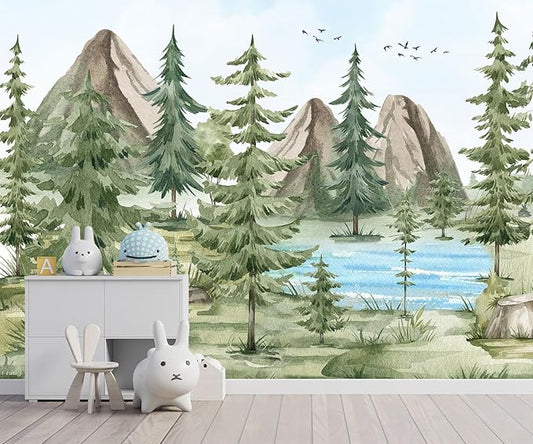 -Watercolor Green Pine Mural Cartoon Forest Fabric Wallpaper Children's Room 100" x 65"(Not Peel and Stick)