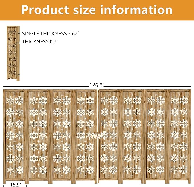 Casaphoria 8 Panels Room Divider, Folding Screen Room Divider with Snowflake Pattern for Home Office, Restaurant and Bedroom, Paulownia Wood, 127" W x 67" H (Natural)