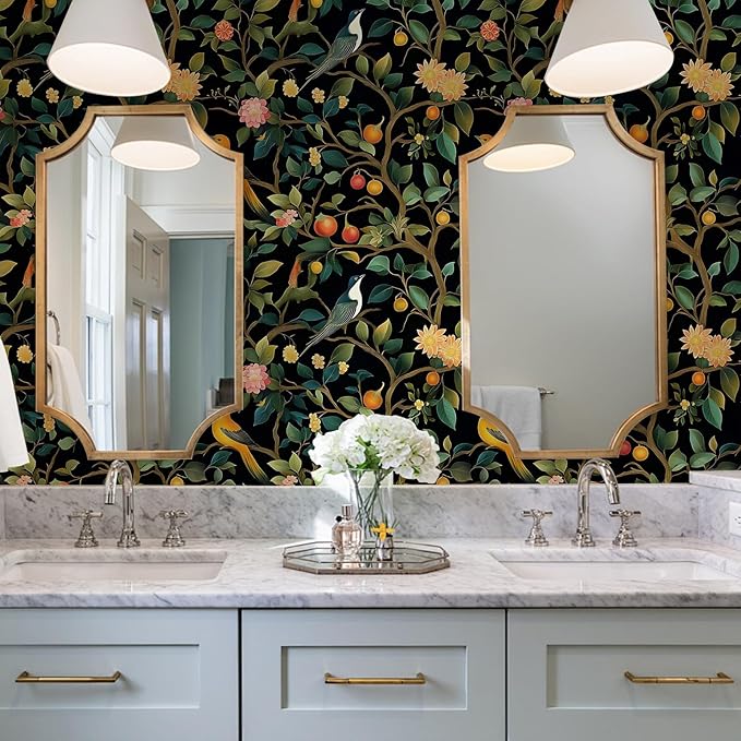 Colorful Floral Animal Wallpaper Self Adhesive Peel and Stick Black Watercolor Vivid Botanical Bird Fruit Leaf Contact Paper Removable Waterproof for Bedroom Renter Friendly 17.71"x236.2"