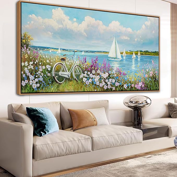 Coastal Wall Art Sailboat Beach Canvas Wall Decor Flower & Landscape Paintings Farmhouse Decor Blue Artwork for Living Room Bedroom Home Office Large Framed Ocean Pictures Wall Decor 29×58IN