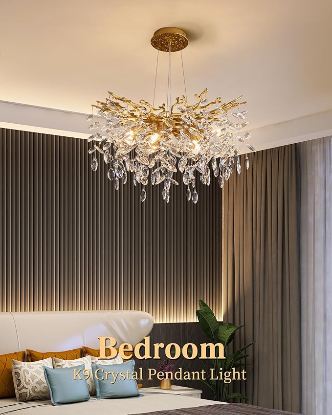 Modern Tree Branch Crystal Chandelier Luxury Gold Crystal Pendant Lighting 23.6" Contemporary 8-Light Chandeliers for Dining Room Kitchen Bedroom Living Room