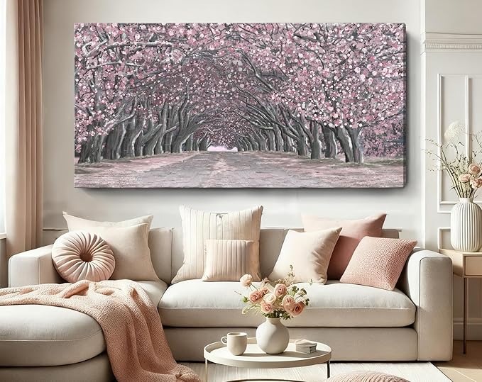 Nicetop Oversized Wall Art for Living Room – Pink Abstract Cherry Blossom Tree Tunnel Canvas Print Extra Large Romantic Spring Landscape Artwork Forest Picture Bedroom Girls Women Room Decor 58x29Inch
