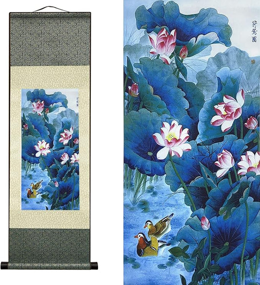 AtfArt Asian Wall Decor Beautiful Silk Scroll Painting Flowers - Lotus Chart Oriental Decor Chinese Art Wall Scroll Wall Hanging Painting Scroll (36.2 x 12 in)