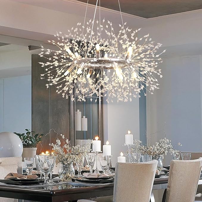Modern Crystal Dandelion Chandelier, 12-Light (Bulb Included) Chrome Firework Dining Room Light Fixtures, Round Hanging Pendant Light for Hight Ceiling, Living Room, Entryway, Staircase, Foyer