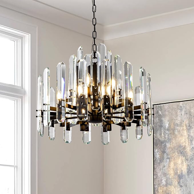 24" Black Chandelier, 12-Light Round Modern Crystal Chandelier for Dining Room, Luxury Adjustable Chain Chandeliers Pendant Light Fixture for Living Room, Bedroom, Foyer, Entryway, Kitchen