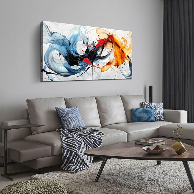 Blue Abstract Canvas Wall Art Bedroom - Modern Wall Art for Living Room Ready to Hang Size 24" x 48"