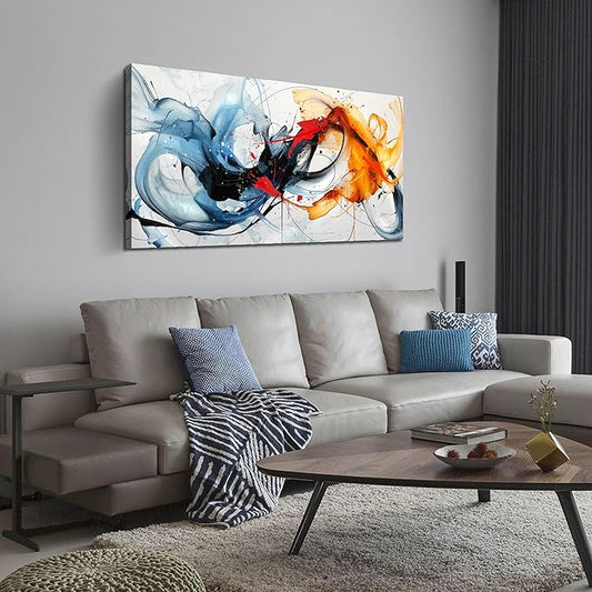 Blue Abstract Canvas Wall Art Bedroom - Modern Wall Art for Living Room Ready to Hang Size 24" x 48"