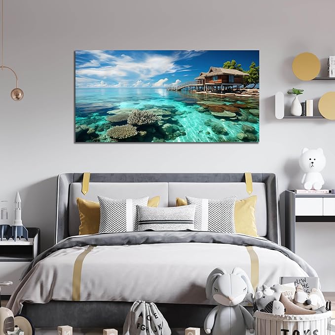Ocean Scenic Canvas Wall Art, Blue Seascape Wall-Decor Picture , Ocean Scenery Canvas Decoration, Coastal Landscape Print Decorative Artwork for Home living Room Bedroom and Office, Size 48x24 Inches