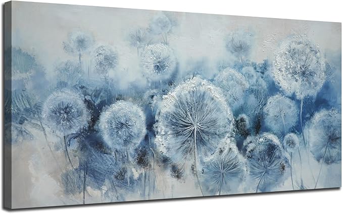 Arjun Large Wall Ar for Living Room, Dandelion Painting Flower Indigo Floral Canvas Art Wall Decor, Blue and White Textured Bedroom Artwork Framed for Home Office, Oversize 58"x29"