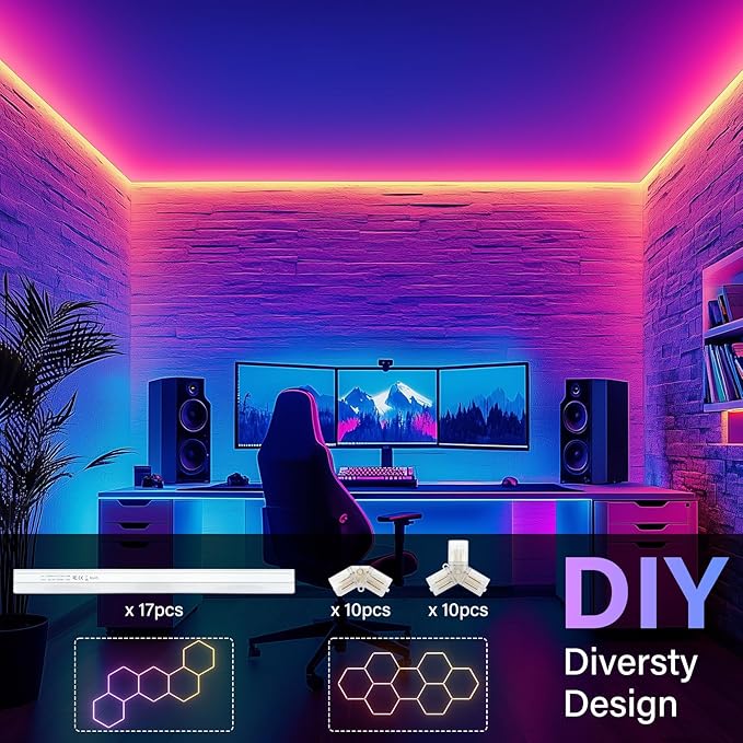 ALLYES Hexagon RGB Lights - Smart RGB LED Wall Lights with Music Sync, DIY Dimmable for Gaming Room, TV, Bedroom, Bar, Gym