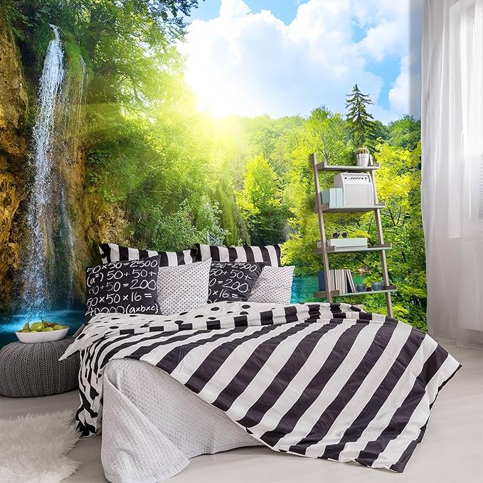 -Green Lake Waterfall Scenery Fabric Wallpaper Living Room Woodland Forest Mountain Bedroom Bathroom Large Wall Mural- 137"x96"（ not Peel and Stick）