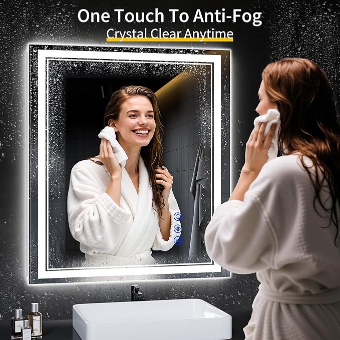 36"x32" LED Bathroom Mirror with Anti-Fog, Stepless Dimmable Lights, 3 Color Modes, Shatter-Proof Tempered Glass, Memory Function & Waterproof Design