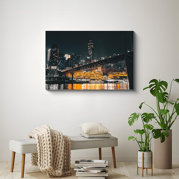 NAN Wind 1PCS Chongqing City Nightscape Canvas Wall Art Illuminated Chinese Skyline with Bridge Skyscrapers Modern Urban Landscape Photography Print for Living Room Office Bedroom Decor