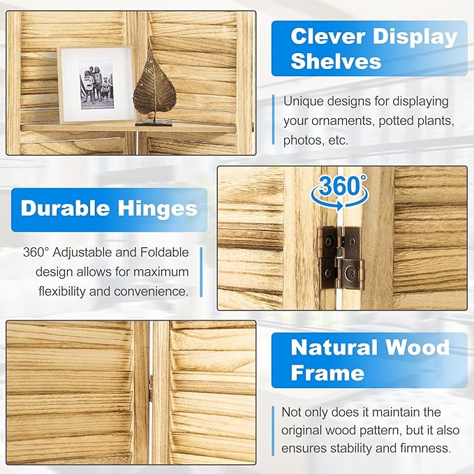 4 Panel Room Divider 5.6FT Louvered Design Room Dividers with Display Shelves Folding Privacy Screens Portable Freestanding Partition Wall Dividers for Bedroom & Office, Natural Wood