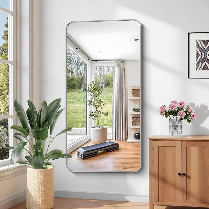 KOCUUY Silver Bathroom Mirror, 30x55 Inch Bathroom Mirror for Over Sink, HD Tempered Glass, Anti-Rust Brushed Silver Frame, Rounded Corner Modern Design for Bathroom, Hang Horizontal/Vertical