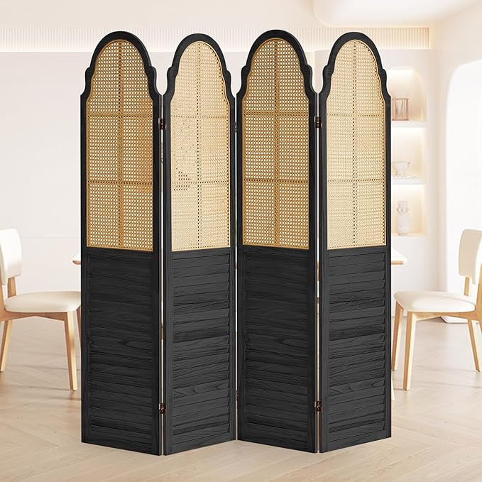 4 Panel Rattan Room Divider, 6 FT Tall Portable Partition Solid Wood Frame Folding Privacy Screen, Partition Room Divider Ideal for Bedroom Living Room Office, Black