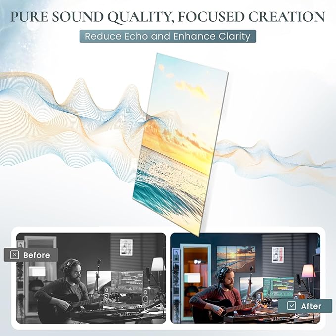 8 Pack Decorative Sound Absorbing Panels, Sound Absorbing Wall Art, 48X32 Inches Acoustic Wall Art for Decoration, Art Acoustic Panels, Acoustic Treatment, Adhesive Included, Sunrise Beach