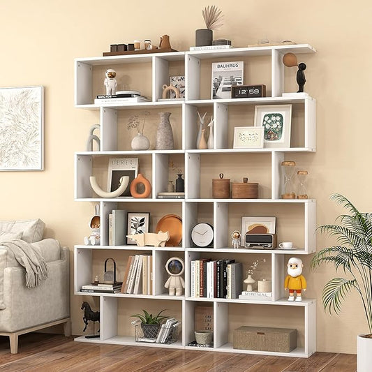 6 Tier Geometric Bookcase, S Shaped Bookshelf, Book Shelf Room Divider, Wood Freestanding Display Shelves, 75 Inch Staggered Bookshelf for Bedroom Living Room (2, White)