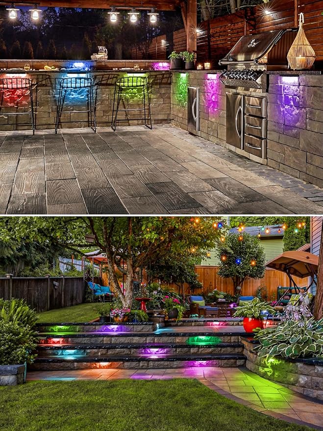 5W RGB Retaining Wall Lights 7 inch LED Hardscape Lighting Color Changing Low Voltage Landscape Paver Lights 12V 24V Step Lights Outdoor IP66 Waterproof Stair Lighting (8 Pack+Connectors)