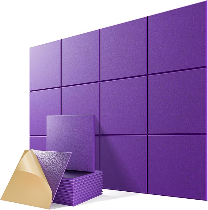 12 Pack Self-Adhesive Acoustic Panels, 12" X 12" X 0.4" High-Density Sound Proof Foam Panels for Walls, Soundproof Wall Panels for Home & Office (Purple)