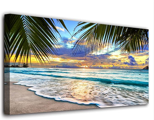 Beach Canvas Wall Art Seascape Theme Pictures Home Decor Blue Ocean White Wave Palm Tree Prints Painting for Living Room Bathroom Bedroom Kitchen Office Decoration Natural Scenery Artwork 28x57 inches