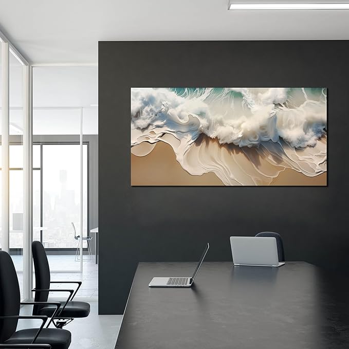 Ocean Waves Canvas Wall Art for Living Room, Beach Scenery View Home Decor Picture, Sea Waves Canvas Wall-Decoration, Seaside Scene Decorative Print Artwork for Office Bedroom, Size 48x24 Inches